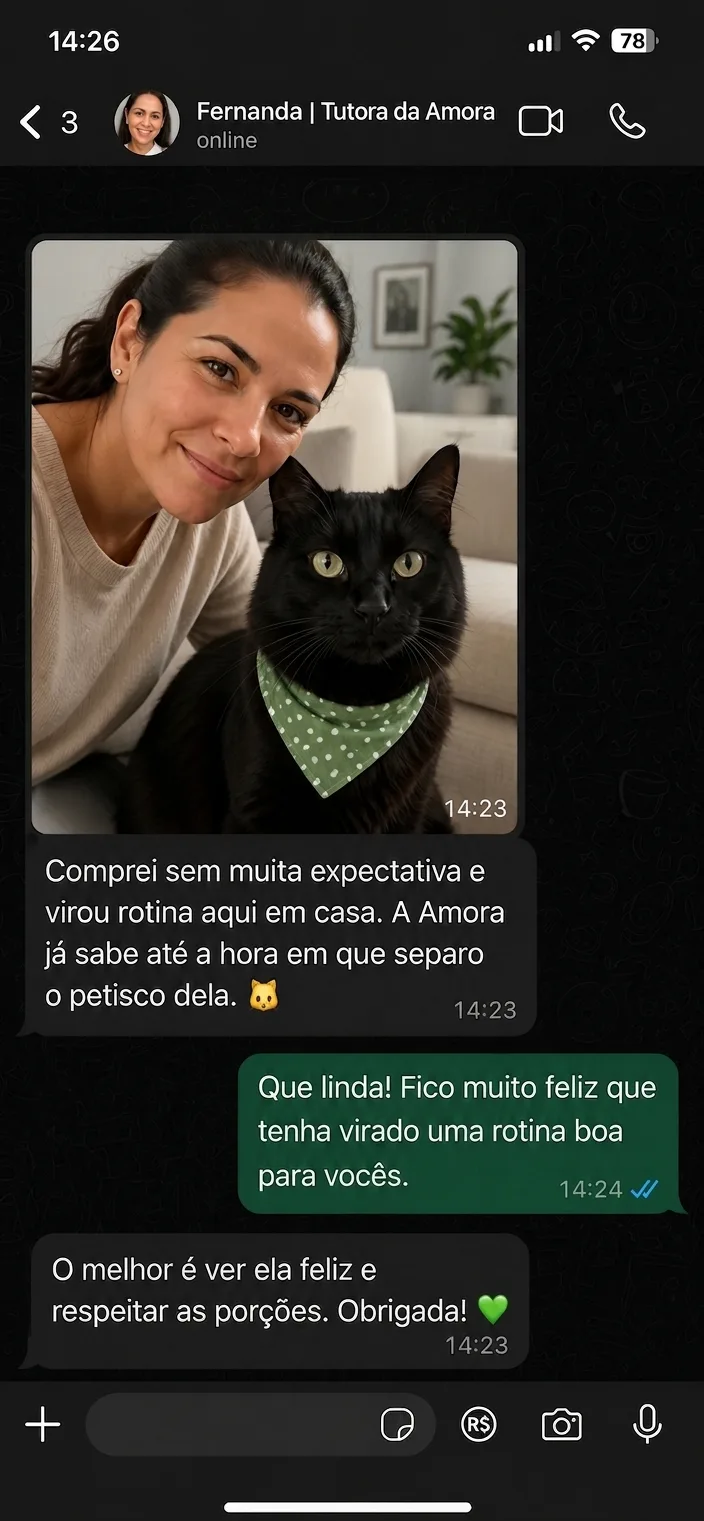 Print de conversa: tutora da Amora contando que os petiscos viraram rotina em casa