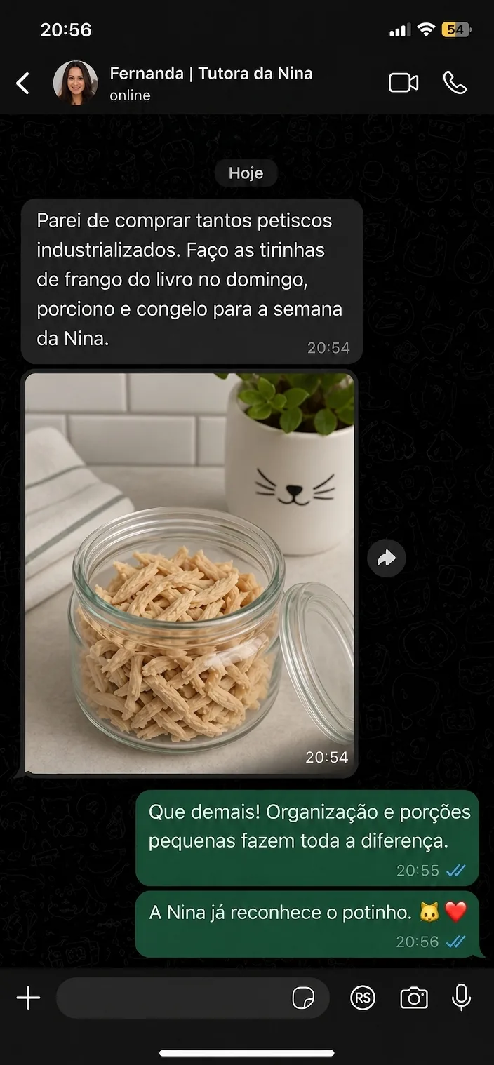 Print de conversa: tutora da Nina contando que porciona e congela as tirinhas de frango do livro
